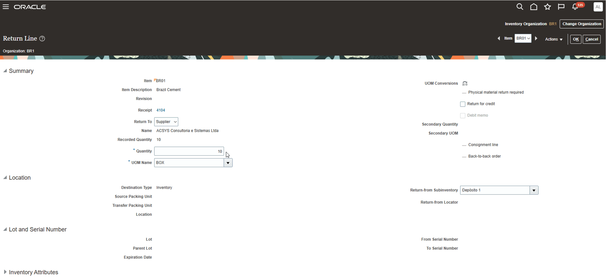The image shows return receipt details on the Return Line page.