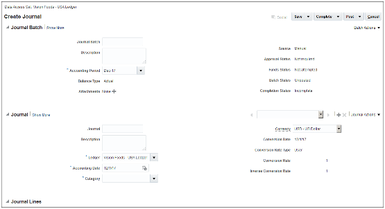 The screenshot shows the Create Journal transaction page. Relevant fields are included in the Journal Batch, Journal, and Journal Lines sections.