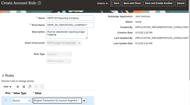 This image shows an account rule named HEPP SH Reporting Company that’s set up to define the source for segment HEPPCompany in a stakeholder reporting COA. The details of the account rule are described in surrounding text.