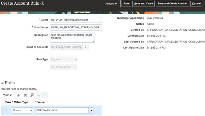 This image shows an example of an account rule name HEPP SH Reporting Stakeholder that’s set up to define the source for the stakeholder segment in a stakeholder reporting COA. The details of the account rule are described in surrounding text.