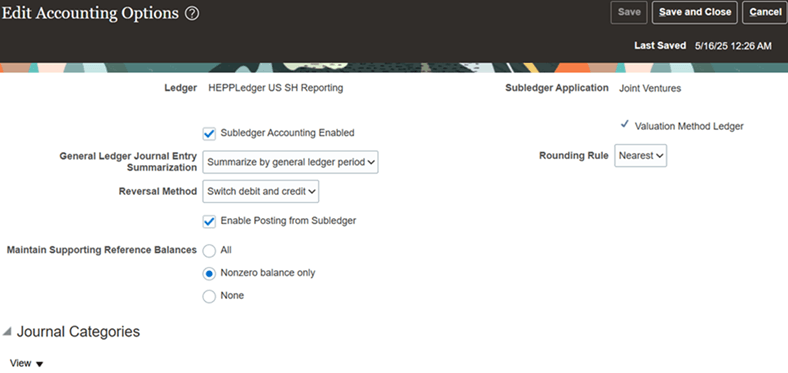 This image shows the Edit Accounting Options application with the settings enabled for the Joint Venture subledger, which are described in surrounding text.