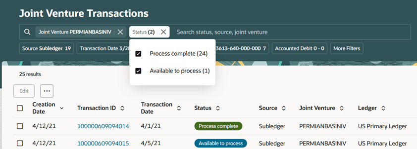 This image shows the Joint Venture and Status suggested filters applied to filter transactions on the Joint Venture Transactions work area. The details are described in the surrounding text.
