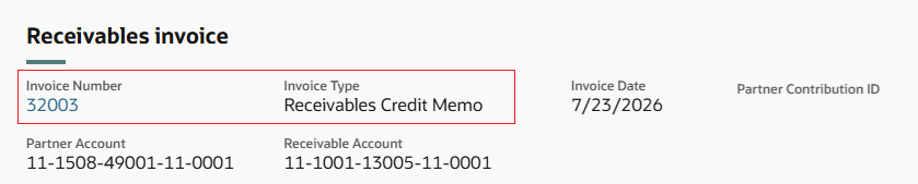 This image shows the drill down page of the Joint Venture Distributions page. The values in the Receivables invoice section shows that the distribution selected for review is a reversed distribution for which a credit memo was created.
