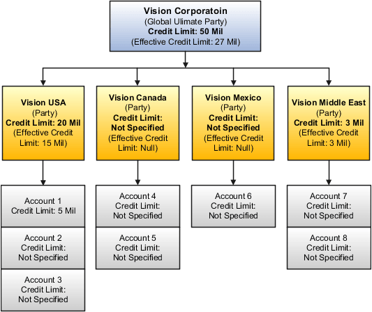 This figure illustrates the hierarchy of Vision Corporation, with the main parent company, four child companies, and the accounts for each child company.