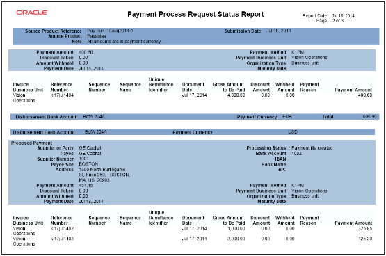 This figure is an example of the second page of a 3-page Payment Process Request Status report.
