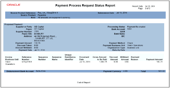 This figure is an example of the third page of a 3-page Payment Process Request Status report.