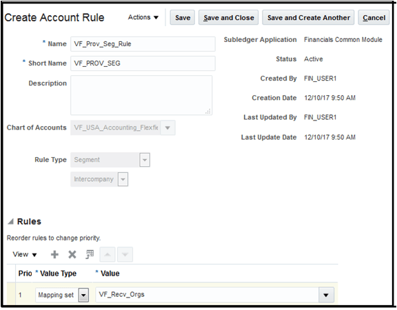 The image illustrates how to create an accounting rule for the intercompany segment for the provider.