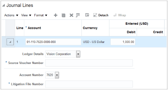 This image shows journal line 1 with fields for capturing additional information. The Ledger Details field displays Vision Corporation, which is the ledger for the journal, and the Account Number field displays 7620.