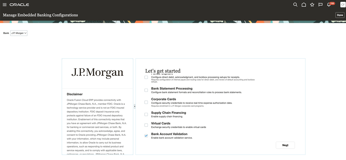 Manage Banking Configurations for J.P. Morgan dialog box