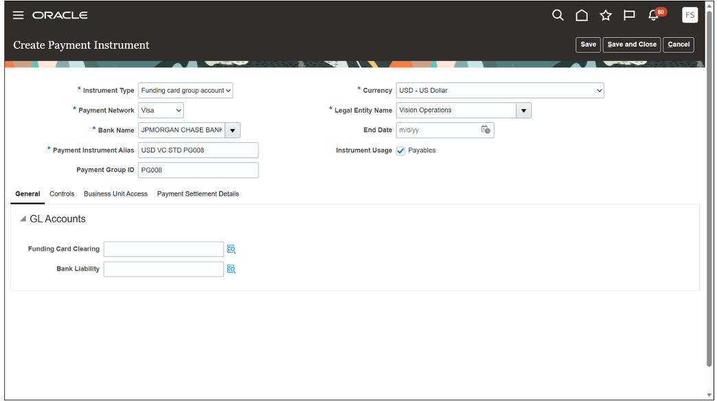 Creating a payment instrument for J.P. Morgan