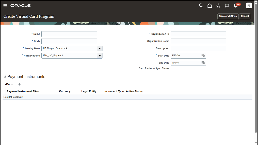 Create virtual card program for J.P. Morgan