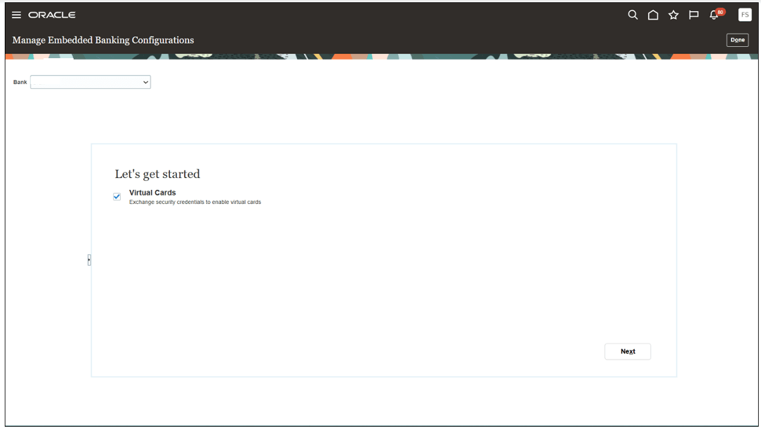 Enabling virtual cards on the Manage Embedded Banking Configurations page