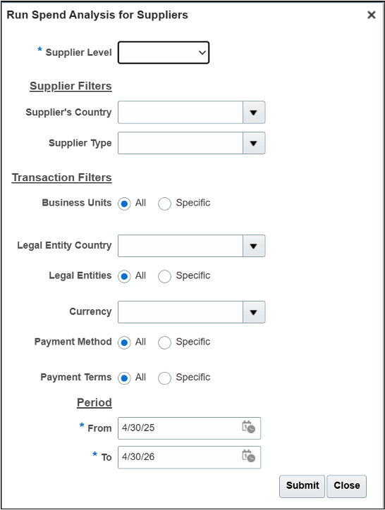 Run spend analysis dialog box