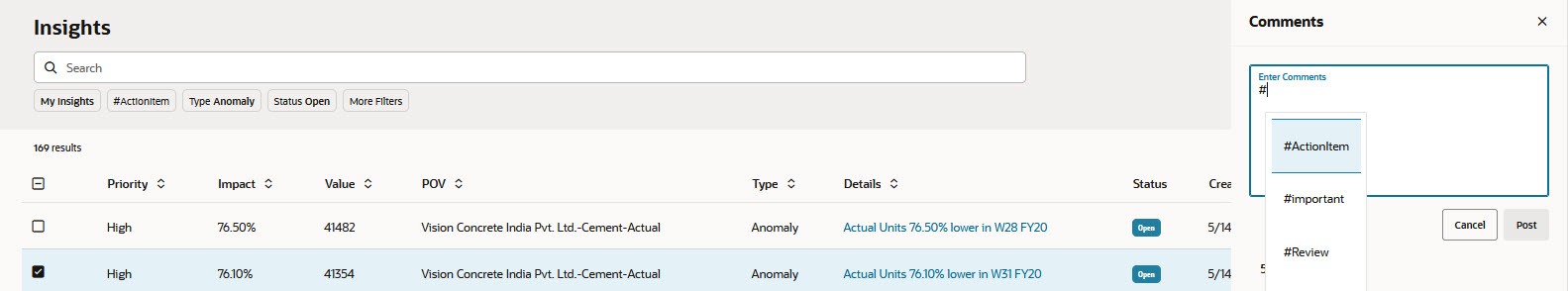 Entering tags in the Comments box from the Insights dashboard