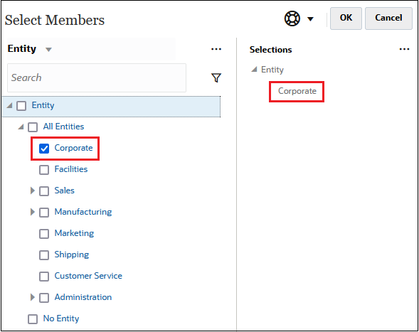 Select Members dialog box with the Corporate member selected