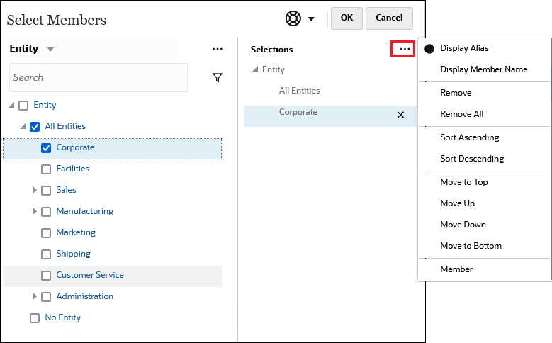 Select Members box with options displayed on the menu