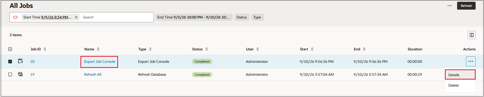 All Jobs tab showing the Export Job Console job selected