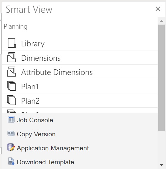 Initial Smart View Home panel, showing the Dimensions folder and Attribute Dimensions folder