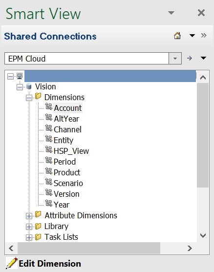 Smart View Panel showing the folders in the tree for Vision application. The Dimensions folder is expanded to display the 10 dimensions in the Vision application: Account, AltYear, Channel, Entity, HSP_View, Period, Product, Scenario, Version, and Year.