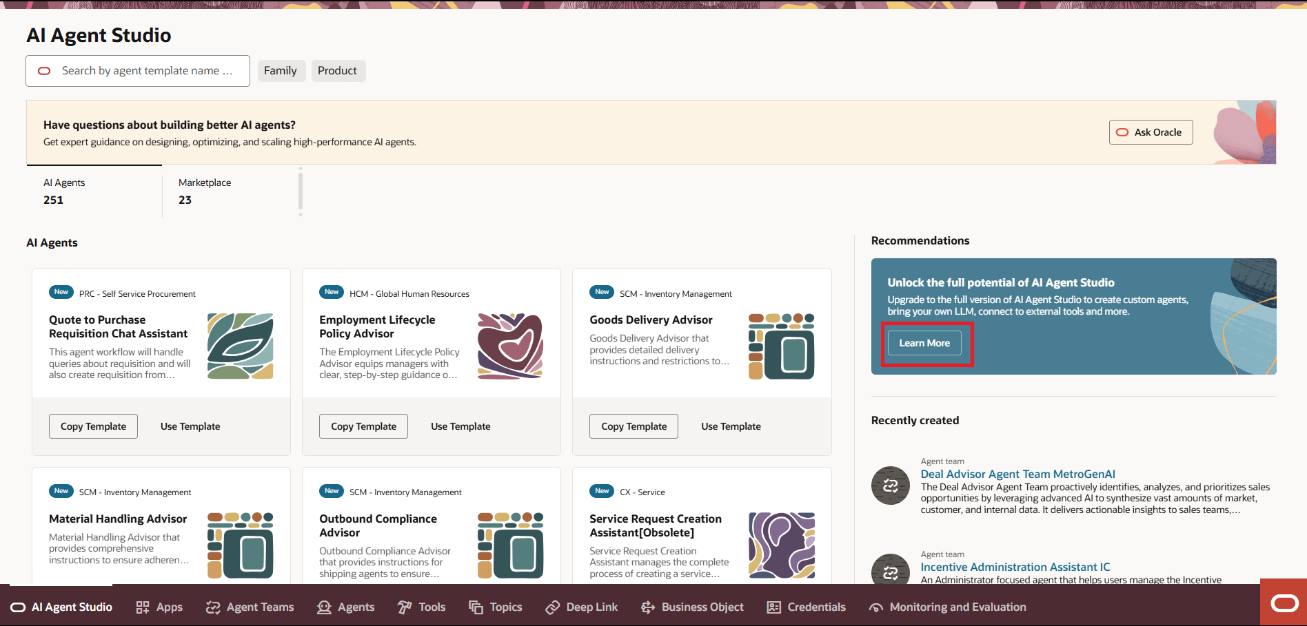 Screenshot of AI Agent Studio highlighting the Learn More option in the section Unlock the full potential of AI Agent Studio 