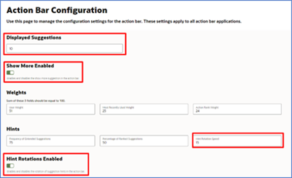 Image shows the Action Bar Configuration page