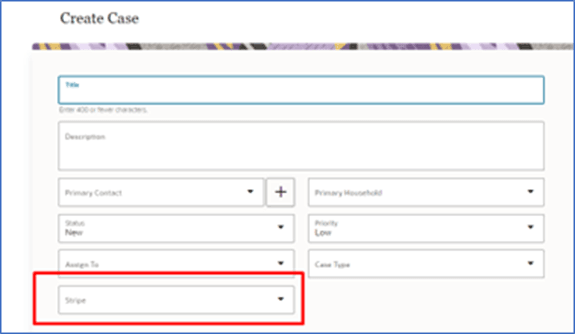Image shows the Stripe field on the Create Case page