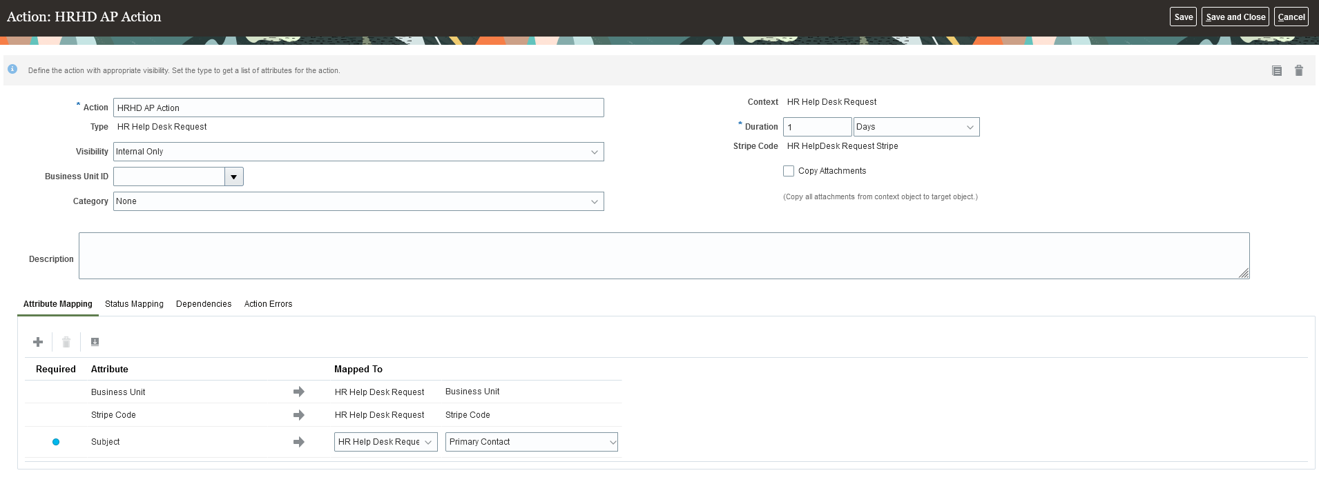 Image shows the Attribute Mappings tab on the Manage Action Plan Actions page