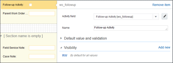 Image showing the page as it appears when the user drags the Follow-up Activity from Data Fields.