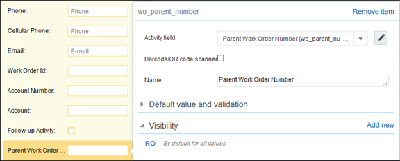 Image showing the page as it appears when the user drags the Parent Work Order Number from Data Fields.