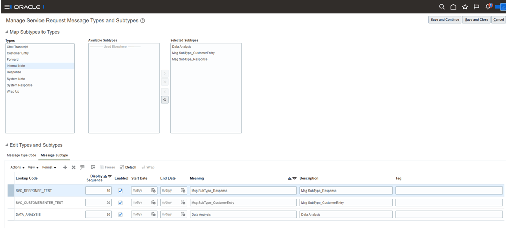 A screenshot of the Message Types and Subtypes screen.