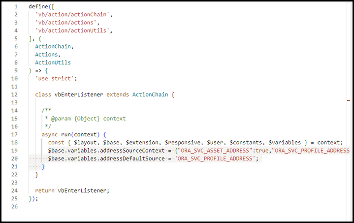 Sceen capture showing the action chain code
