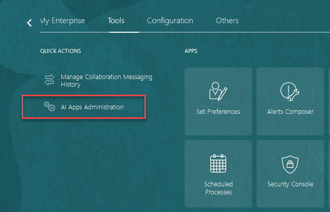 The AI Apps Administration quick action.