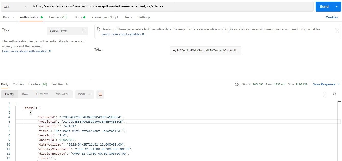 This figure shows how a response body in JSON format looks in Postman.