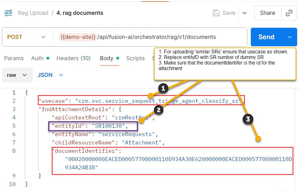 This screenshot shows how add a RAG document using Postman.