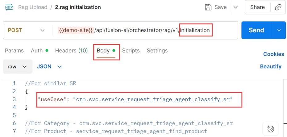 This screenshot shows how to initiate RAG using Postman.