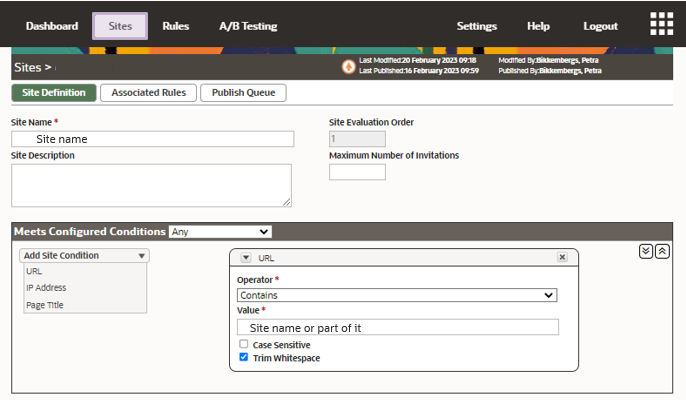 A screenshot of the Sites UI.