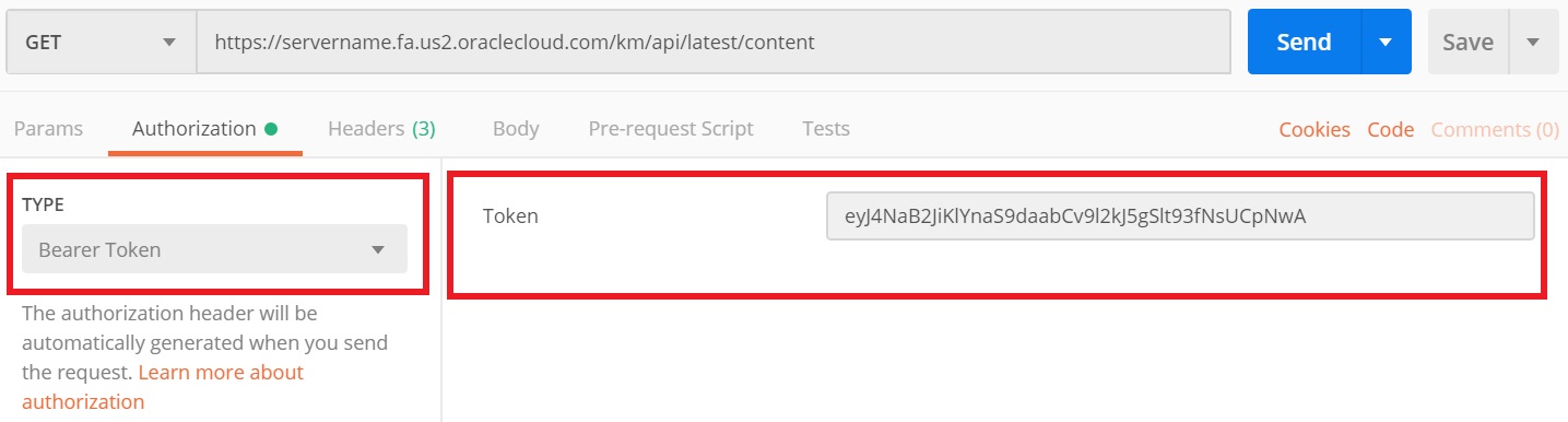 This figure shows how to use bearer token for authorization in the Postman client.