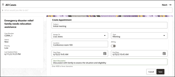 Example of a completed create appointment form