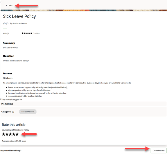 The details page of the selected article. User can rate the article, go back, or use the Create Request button to create a new request.