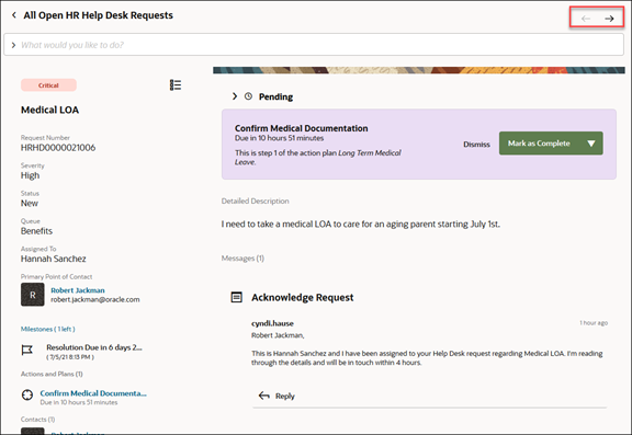 Help Desk Request Overview page showing the Next button.