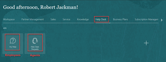 Figure shows the help desk home page that calls out the My Help icon for employees and the Help Desk Requests icon for agents.