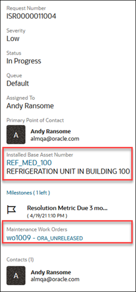 Summary panel for a request with Installed Base Asset and Work Order information.
