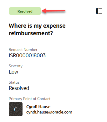 Figure showing request is in a resolved status in the summary region.