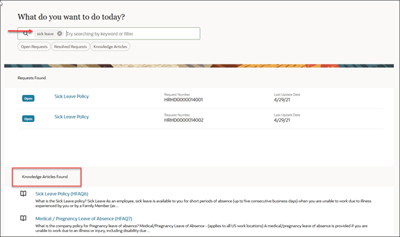 The My Help page showing the user typed "sick leave" in the search field and the resulting articles that are returned.