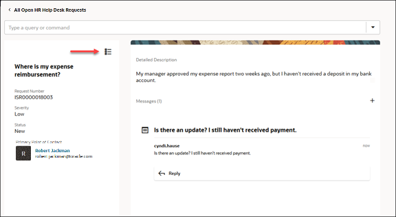 Figure shows the edit page that appears after you click the name of the request on My Help. You can click the bullet list icon to edit details of the request.