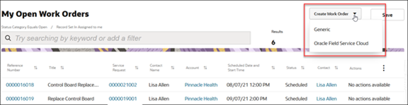 Figure shows the My Open Work Orders page with the Create Work Order drop down button highlighted. There are two choices in the drop down: generic and Oracle Field Service Cloud.