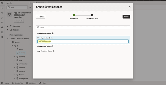 Creating the new action chain for the event listener.