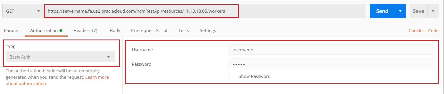 Postman example with basic authentication, user name, and password.