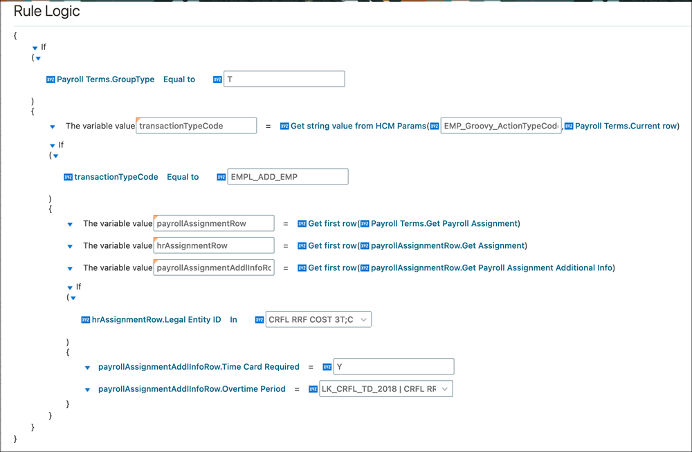 Screenshot that shows how to default Payroll Assignment Level Time Card Required and Overtime Period ID using the Payroll Terms object