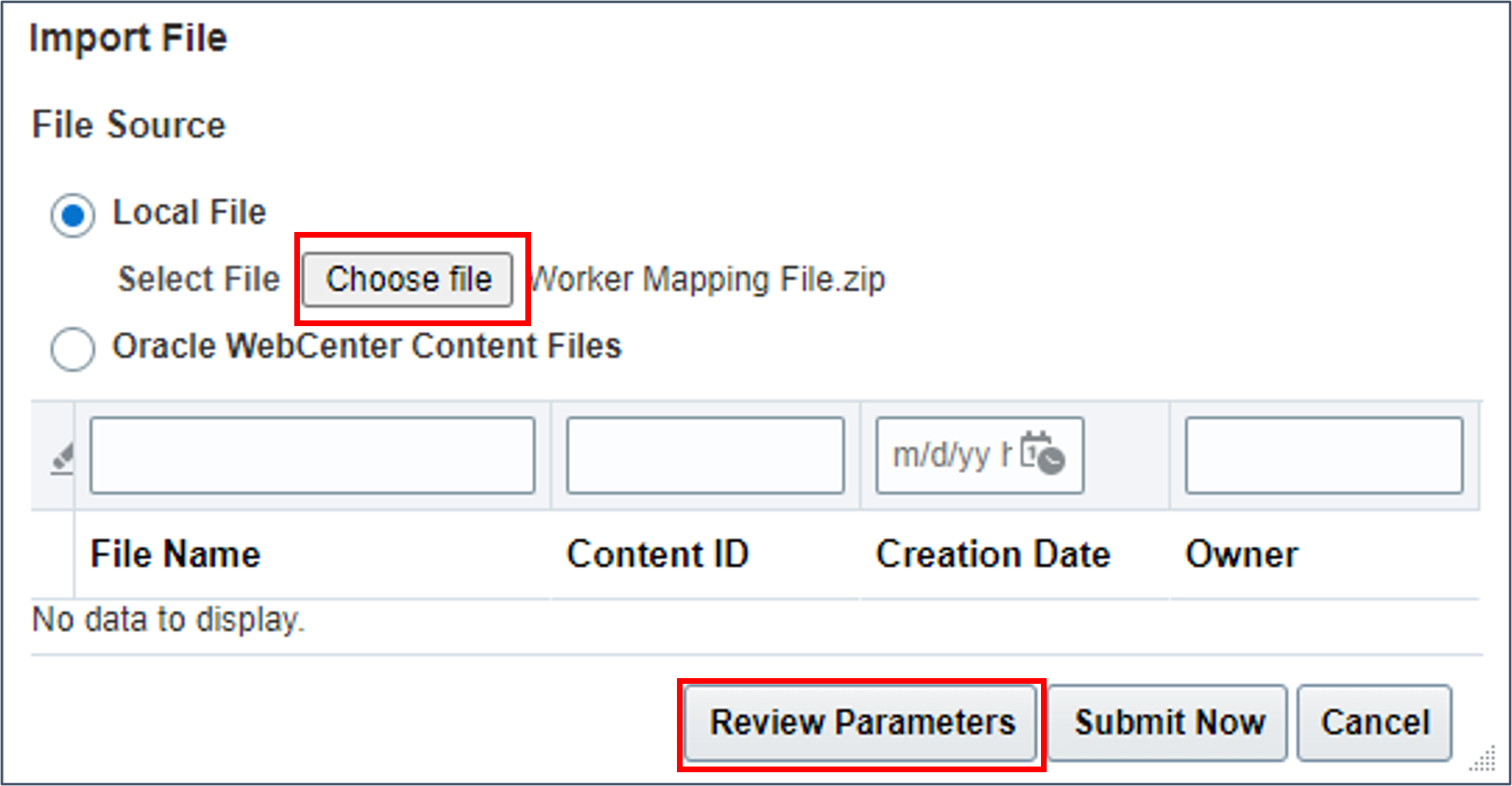 Select the source file and click Review Parameters